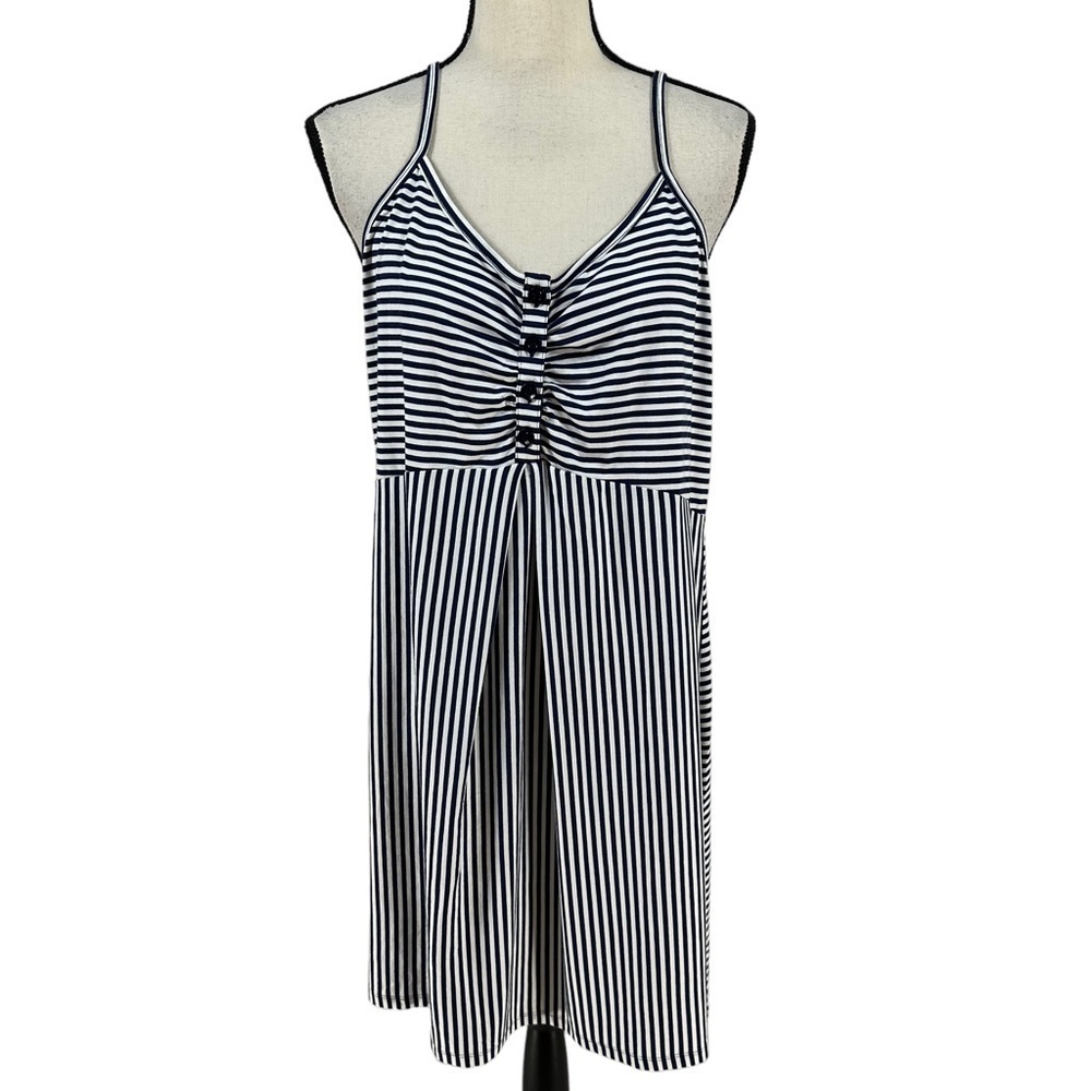 Angel Maternity Sleeveless Spaghetti Strap Striped Sundress - Blue White - Large